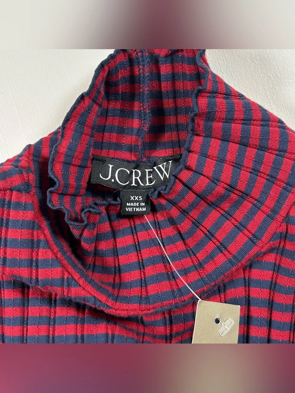 J Crew Pointelle Turtleneck Red Navy Stripe Scalloped Lettuce Trim Women’s XXS